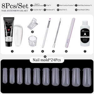 Professional 8-piece poly nail gel kit with 15ml clear gel and essential manicure tools