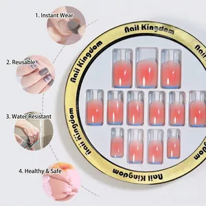 Pink and orange gradient press-on nails with blue tips in a round golden storage box