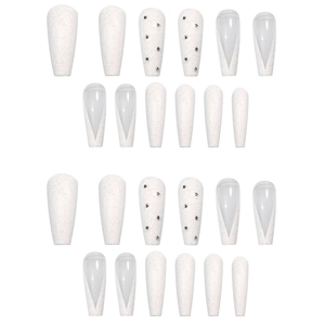Extra long matte white coffin press on nails with French V-shape and poker diamond accents