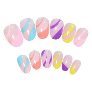 Short oval press-on nails featuring vibrant multicolor wavy line patterns on 24pcs tips