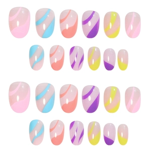 24-piece set of abstract oil painting colorful line press-on nails in short round shape