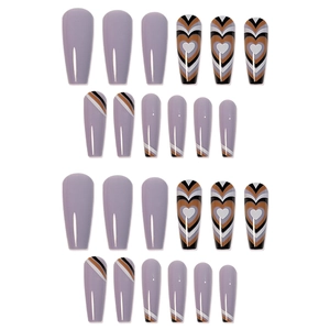 Brown and purple wave heart pattern coffin false nails with 24 pieces set