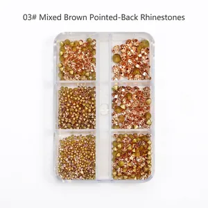 Detailed view of champagne gold nail art rhinestones in a 6-compartment storage box