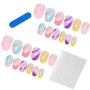 24-piece press-on nail set with colorful pastel waves and heart gradient patterns