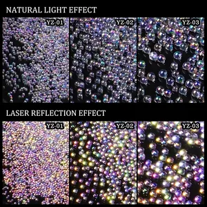 Holografische Nagelkunst-Mikroperlen in drei Größen unter Natur- und Laserlichteffekten