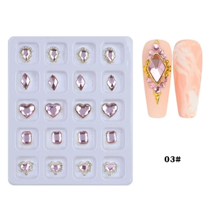 Pink alloy nail art charms with heart and teardrop crystals in 20-piece organizer box