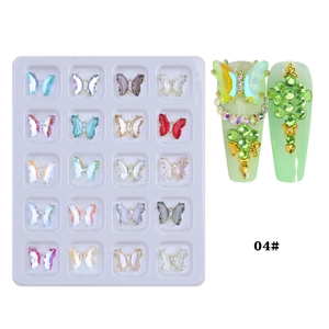20-piece mixed 3D crystal butterfly nail art charms with colorful rhinestones in a tray