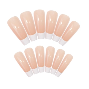 Classic French tip press-on nails in nude pink and white with a glossy coffin shape finish