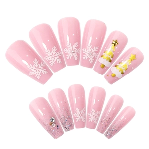 Christmas snowflake pink press-on nails set with 3D gold trees and silver glitter