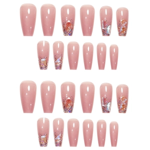 Pink gradient long coffin press-on nails with glitter and rhinestones set of 24 pieces