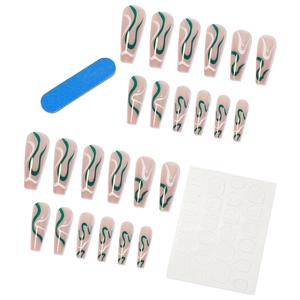 Press-on nail set featuring dark green wave patterns on long coffin-shaped nude tips