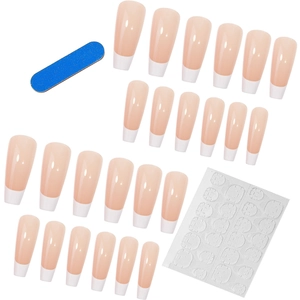 24pcs French long ballerina press on nails set with pink base, white tips and glue tools