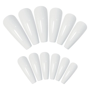 Extra long white coffin press on nails with a glossy finish ballet style tips