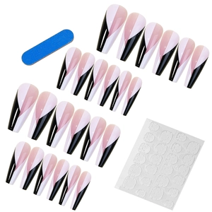 24pcs long coffin press on nails in pink white and black geometric color block design