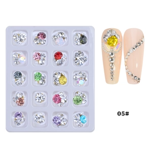 Detailed set of 20-grid mixed nail art rhinestones with colorful butterfly and heart shapes