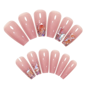Glitter pink gradient coffin press-on nails with luxury rhinestones and glossy finish