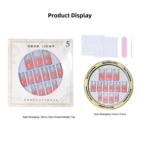Pink and blue gradient press-on nails set with tools in square packaging box