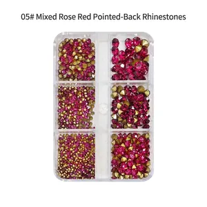 Detailed view of magenta mixed pointed back rhinestones in a 6-compartment nail art box