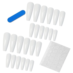 Extra long white coffin press on nails kit with glossy finish and adhesive glue stickers