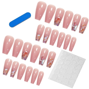 Pink gradient coffin press-on nails set with luxury rhinestones and glitter crystals