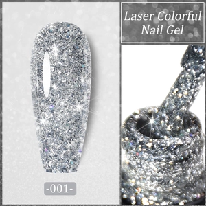 Close-up of laser silver glitter nail gel showing high density sparkles and brush detail