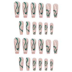 Deep green wave design press-on nails set with 24 pieces of long trapezoid pink nail tips