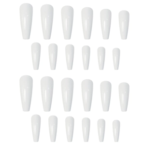 Glossy white extra-long coffin ballerina press-on nails set on a clean white background
