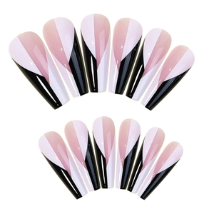 Long ballet press-on nails with geometric pink, white, and black拼接 color design