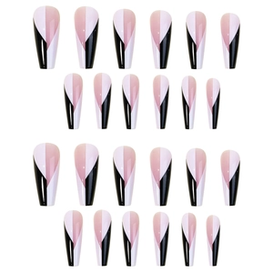 Set of 24 coffin-shaped press-on nails with black white and nude geometric color block designs