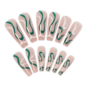 Glossy long coffin press on nails featuring emerald green and white wavy line patterns