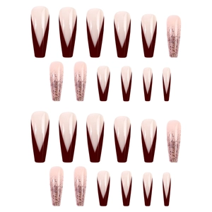 Faux ongles ballerine longs rose avec pointes françaises bordeaux et dégradé pailleté
