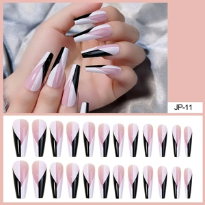 Press On Nails Long Coffin Shape Glossy ABS Plastic Geometric Pink White Black Color Block Artificial Finger Nails