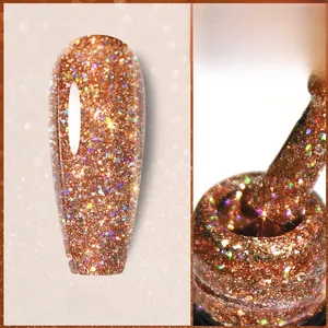 Macro shot of warm caramel laser nail gel with rainbow glitter and colorful sequins