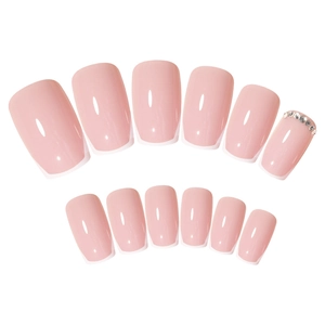 Classic nude pink french square press-on nails set with rhinestone accents and glossy finish