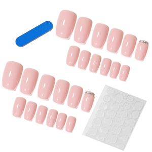 24-piece pink French short press-on nails set with rhinestones and tool kit