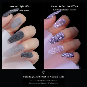 Reflektierende Laser Nagelperlen mit mattgrauem und buntem Blitzeffekt unter starkem Licht