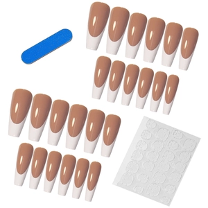 24pcs long coffin French press-on nails in nude pink and white with tools