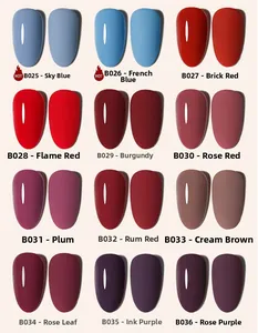Glossy and matte nail polish color palette showing shades B025 to B036 in a 3x4 grid