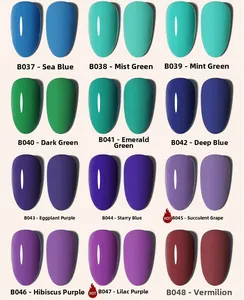 Glossy and matte nail polish color chart showing 12 shades from blue to red tones