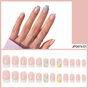French Tip Press On Nails Pink White With Colorful Flower Patterns Square Round Artificial Fake Nails