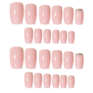 French style short pink press on nails set with rhinestones and glossy finish