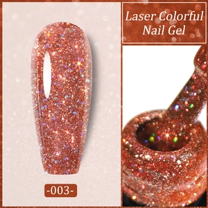 Macro detail of warm orange-red laser nail gel with sparkling colorful glitter in shade 003