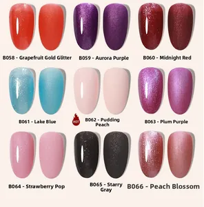 Nail gel polish palette showing glossy and matte finishes across nine vibrant color shades