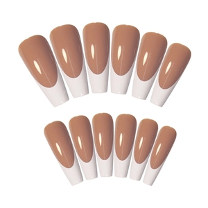 Classic nude and white French long coffin press-on nails with high glossy finish