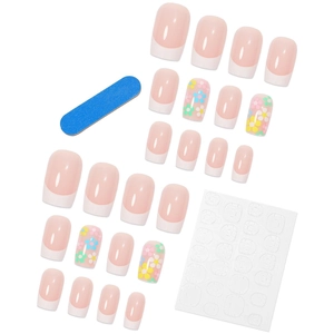 Press-on nail set with floral patterns and pink french tips including nail file and glue