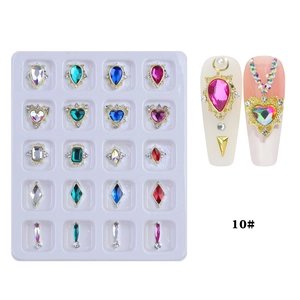 20-grid nail art alloy charms set featuring heart and teardrop shaped colorful crystals