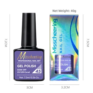 Detailed product dimensions for UV/LED purple nail polish bottle and holographic box