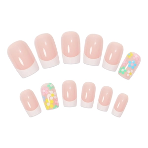 Press-on nail set with nude pink base, white French tips and colorful flower designs