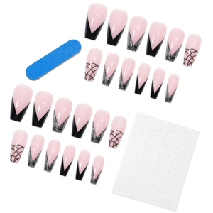 French snake pattern press-on nails with black gradient glitter and rhombus textures