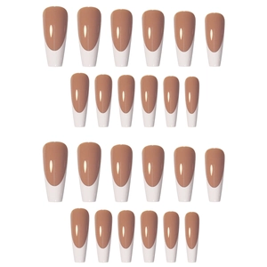 French tip long coffin press-on nails set with 24 pieces in nude and white finish